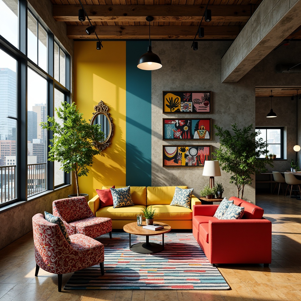 Prompt: Vibrant color scheme, bold typography, eclectic patterns, mixed materials, statement furniture pieces, abstract artwork, ornate mirrors, lush greenery, modern industrial architecture, converted loft space, urban cityscape, bright sunny day, warm soft lighting, shallow depth of field, 1/1 composition, realistic textures, ambient occlusion.