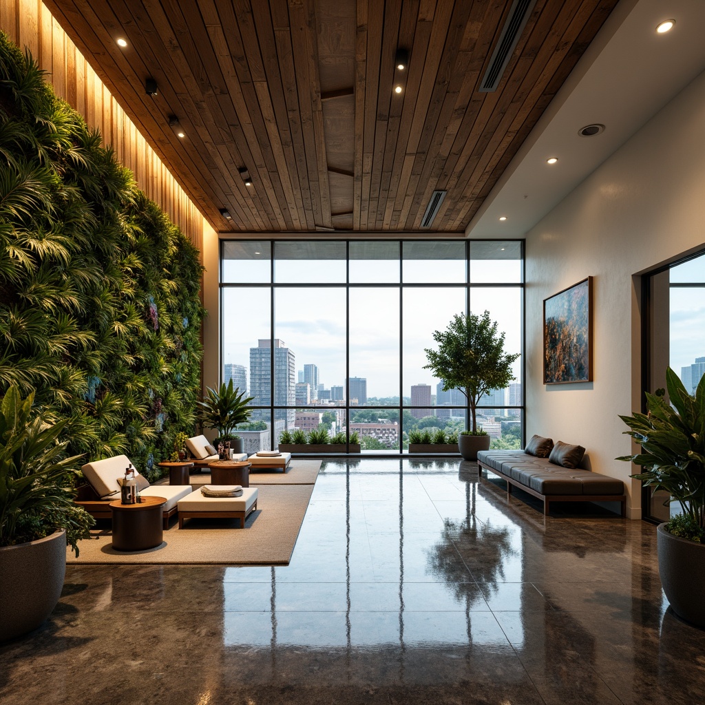 Prompt: Luxurious eco-friendly hotel lobby, reclaimed wood accents, living green walls, natural stone flooring, energy-efficient lighting, solar-powered systems, rainwater harvesting, sustainable textiles, organic upholstery, minimalist decor, floor-to-ceiling windows, panoramic city views, warm ambient lighting, 1/2 composition, shallow depth of field, realistic reflections.