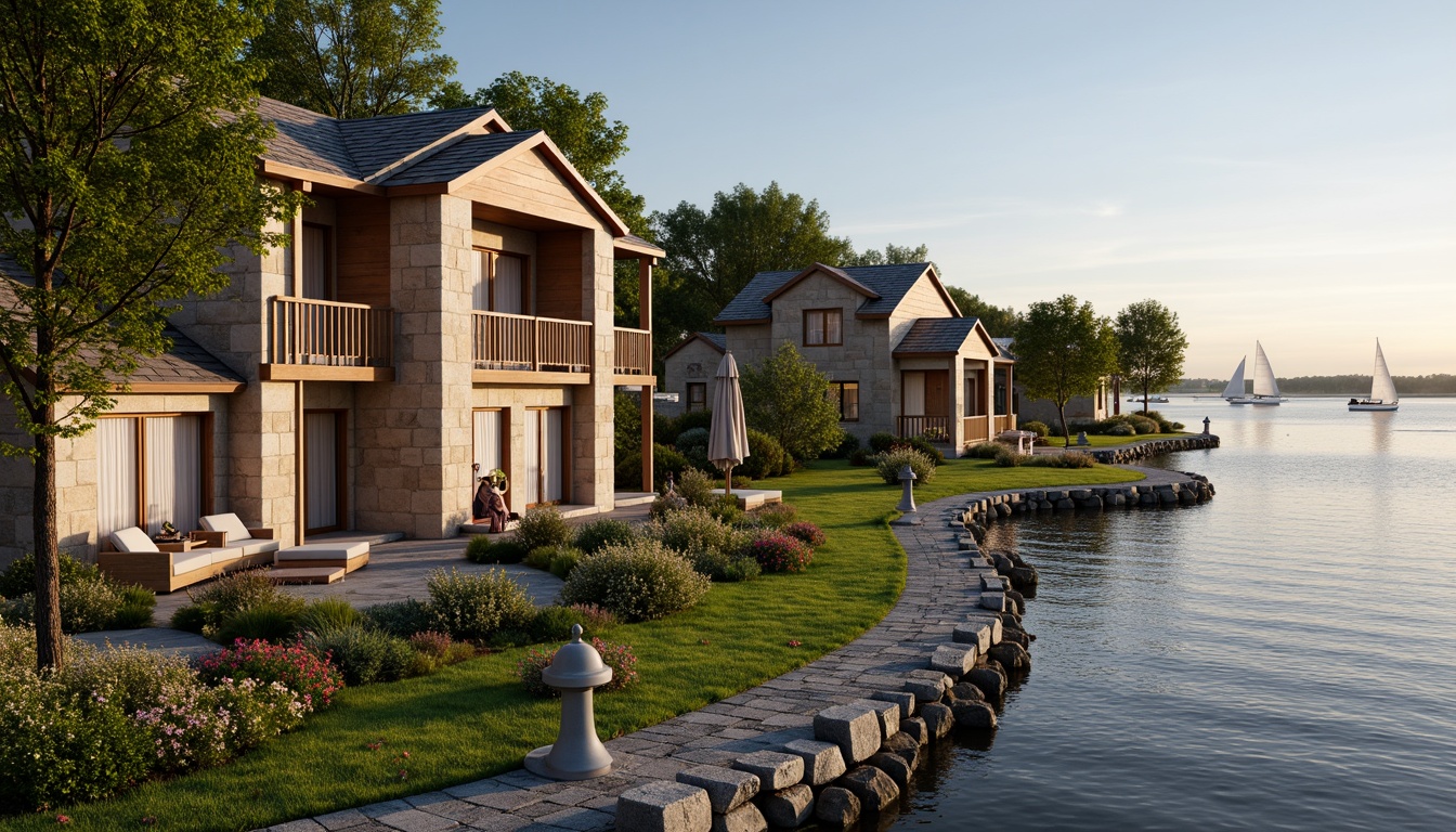 Prompt: Lakefront villas, rustic stone facades, wooden accents, natural textures, earthy tones, serene lake views, gentle ripples, sailboats, waterfront promenades, lush greenery, vibrant flowers, soft morning light, warm sunsets, shallow depth of field, 3/4 composition, panoramic view, realistic water reflections, ambient occlusion.