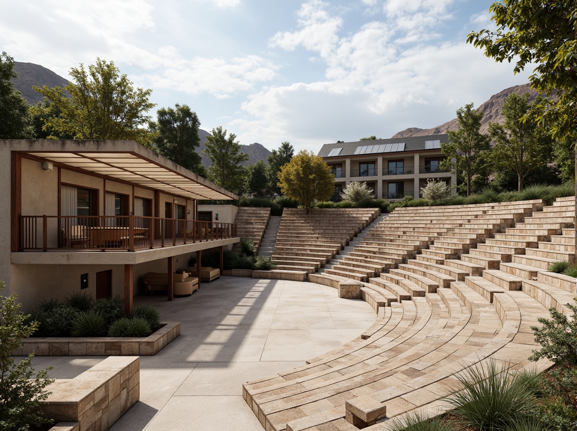 Prompt: Sweeping amphitheater design, curved seating areas, natural stone cladding, wooden accents, metallic frames, translucent canopies, rainwater harvesting systems, green roofs, solar panels, recycled plastic benches, weathered steel structures, minimalist architecture, earthy color palette, ambient lighting, shallow depth of field, 1/2 composition, cinematic view, realistic textures, soft shadows.