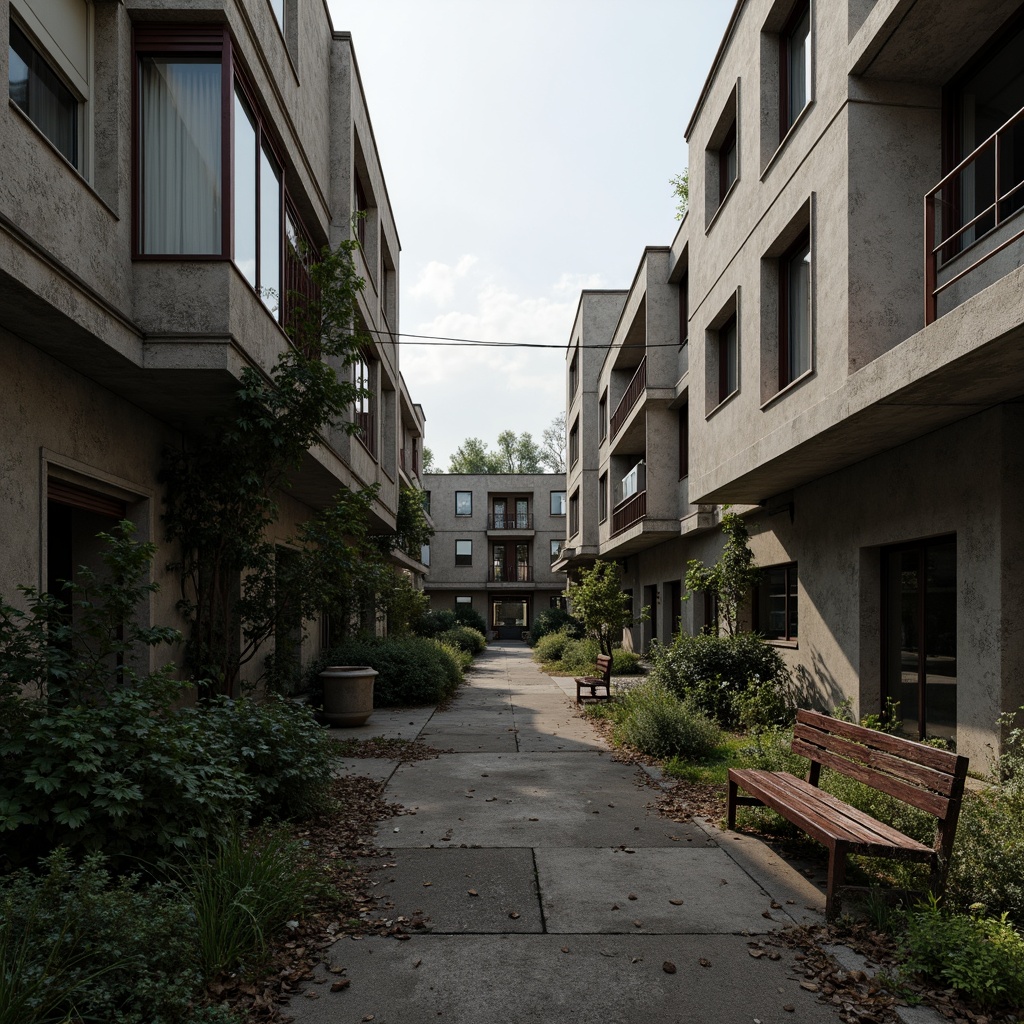 Prompt: Raw concrete buildings, rugged textures, urban decay, neglected landscapes, overgrown vegetation, crumbling walls, rusted metal fences, worn-out benches, bleak atmosphere, harsh lighting, dramatic shadows, low-angle shots, 2/3 composition, gritty realistic renderings, ambient occlusion.