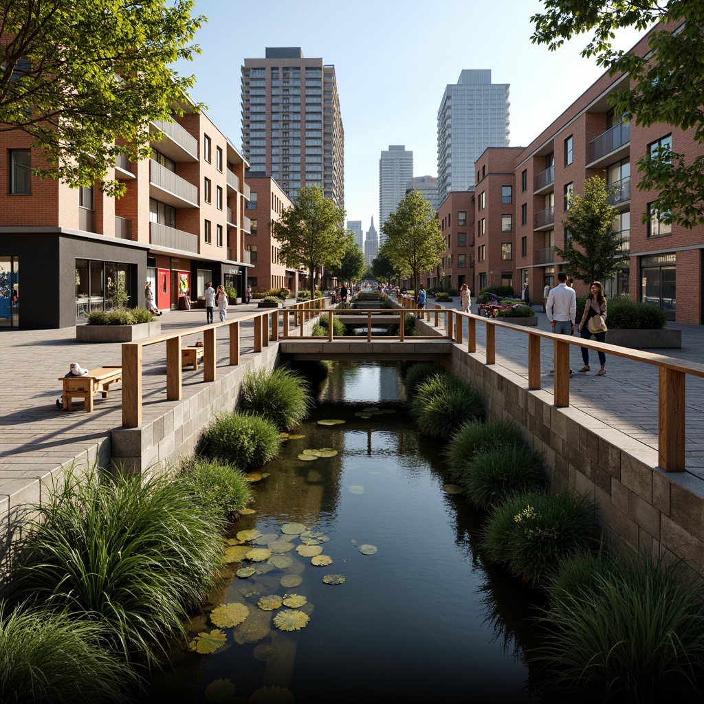 Prompt: Pedestrian bridge, meandering river, lush greenery, natural stone walls, wooden railings, modern minimalist design, sleek metal beams, cantilevered sections, gentle curves, urban skyline views, vibrant street art, public seating areas, soft warm lighting, shallow depth of field, 3/4 composition, panoramic view, realistic textures, ambient occlusion.