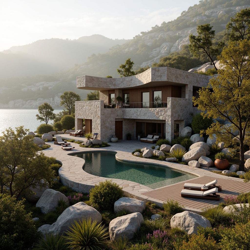 Prompt: Rugged villa architecture, brutalist design, natural stone fa\u00e7ade, rough-hewn textures, earthy color palette, lush greenery surroundings, rolling hills landscape, serene lake views, misty morning atmosphere, warm golden lighting, shallow depth of field, 3/4 composition, panoramic view, realistic rock formations, ambient occlusion, organic-shaped pool, rustic wooden decking, overhanging eaves, dramatic cantilevered rooflines.