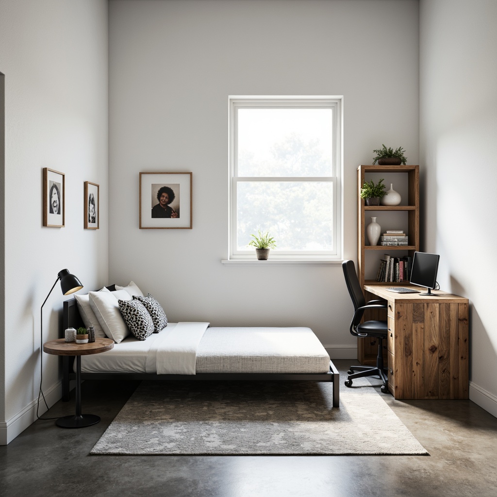 Prompt: Minimalist dorm room, simple bed frame, low-profile mattress, industrial metal desk, ergonomic chair, compact shelving unit, reclaimed wood accents, concrete floor, white walls, sparse decorations, natural light, softbox lighting, shallow depth of field, 1/1 composition, realistic textures, ambient occlusion.