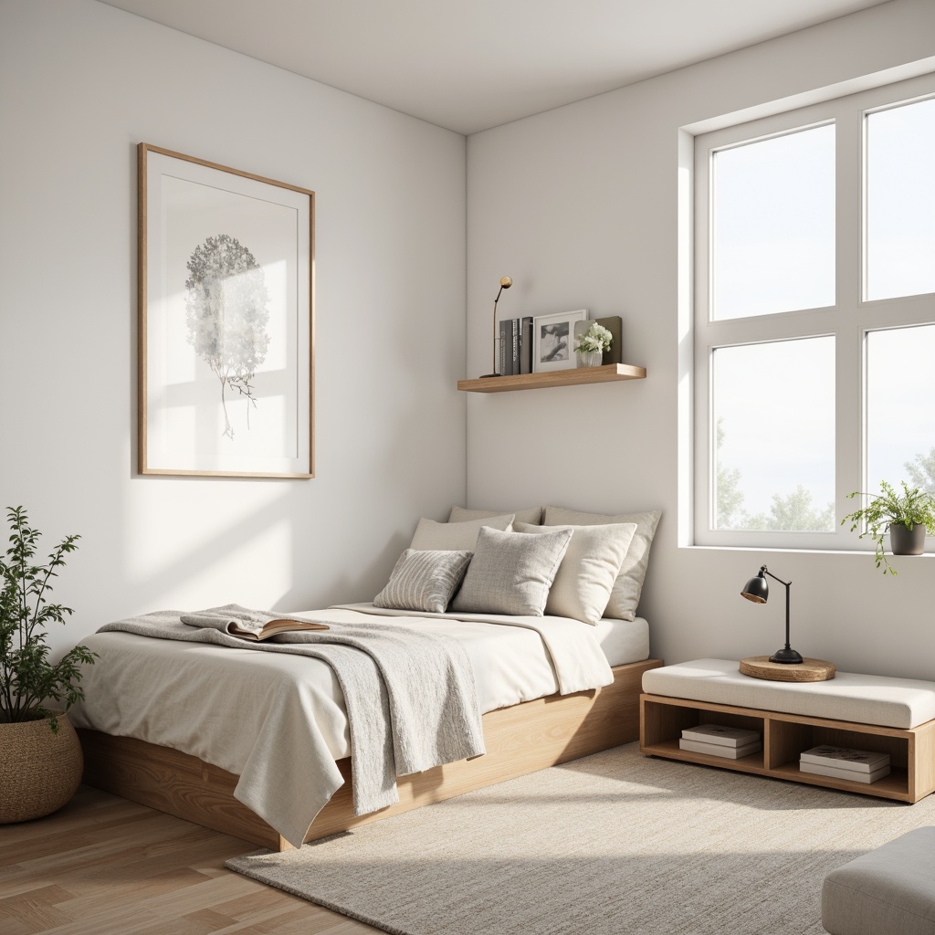 Prompt: Monochromatic dorm room, soft white walls, light wood furniture, minimalist decor, calming beige tones, subtle gray accents, warm cream bedding, industrial metal lamps, simple geometric patterns, natural textures, cozy reading nook, intimate atmosphere, softbox lighting, shallow depth of field, 1/1 composition, realistic render.