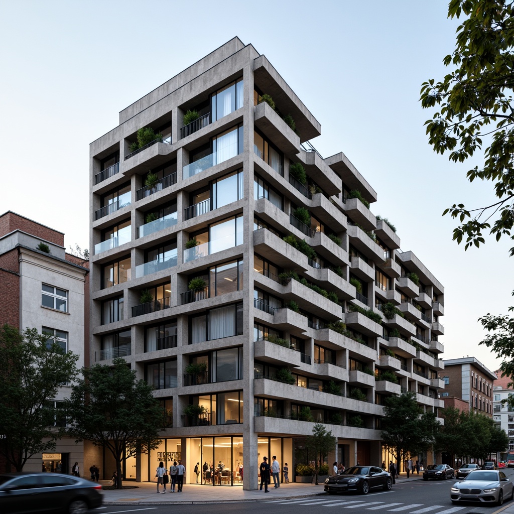 Prompt: Geometric Bauhaus-style apartments, asymmetrical facades, rectangular windows, industrial metal frames, cantilevered balconies, raw concrete textures, brutalist architecture, minimalist aesthetic, functional simplicity, monochromatic color scheme, bold typography, urban cityscape, busy street life, modern urban dwellers, warm afternoon sunlight, soft grid composition, realistic materials, ambient occlusion.