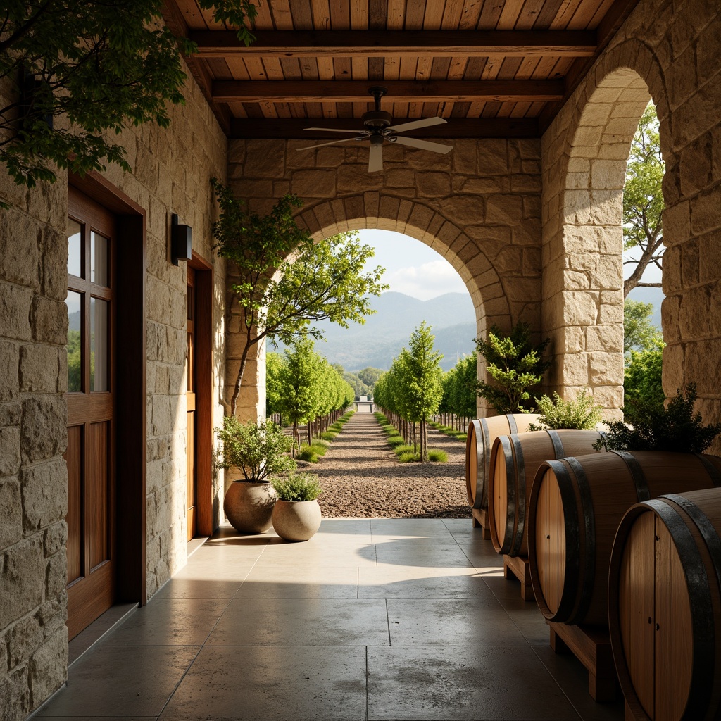 Prompt: Earthy winery, rustic stone walls, wooden barrels, lush green vines, rich soil, subtle lighting, warm beige tones, soft sage greens, weathered wood accents, industrial metal elements, natural textures, ambient shadows, shallow depth of field, 2/3 composition, realistic rendering, atmospheric misting.