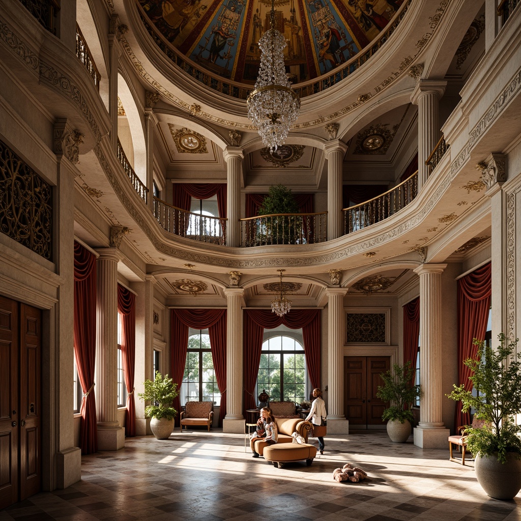 Prompt: Opulent villa, intricately carved stonework, grandiose ornateness, lavish decorations, sweeping curved lines, ornate balconies, intricate frescoes, gilded accents, rich tapestries, velvet drapes, crystal chandeliers, marble floors, rustic wooden doors, Baroque-inspired facade, soft warm lighting, shallow depth of field, 1/1 composition, realistic textures, ambient occlusion.