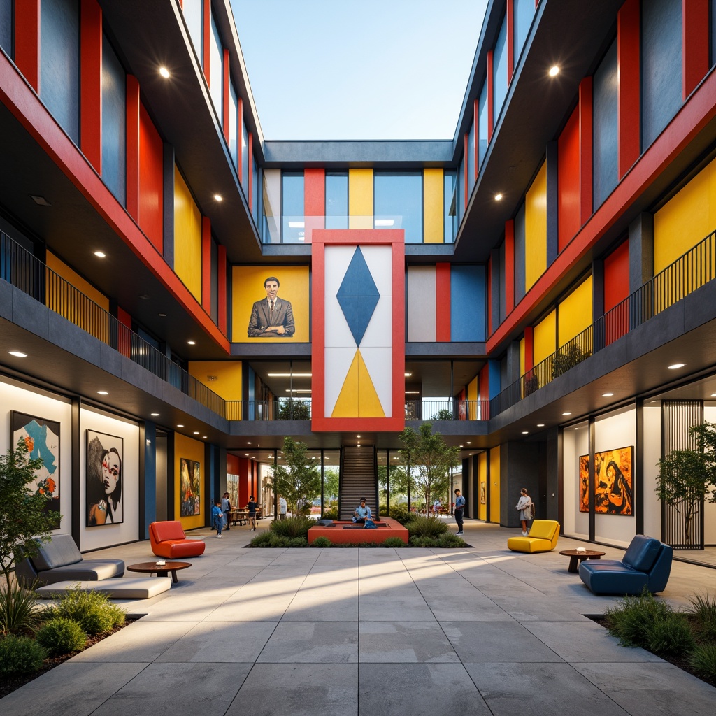 Prompt: Bauhaus-style building, primary color palette, bold rectangular forms, clean lines, minimal ornamentation, functional simplicity, industrial materials, steel beams, concrete walls, large windows, open floor plans, rational design, modernist aesthetic, bright natural light, high contrast colors, geometric shapes, abstract patterns, artistic murals, vibrant accent walls, dynamic spatial relationships, 1/1 composition, symmetrical balance, low-key lighting, atmospheric mood.