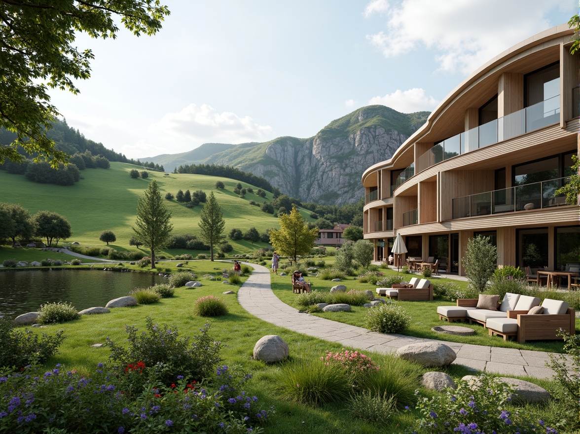 Prompt: Lush green hills, winding pathways, serene lakeside, modern curved buildings, cantilevered structures, floor-to-ceiling windows, sliding glass doors, natural stone facades, wooden accents, vibrant flower arrangements, outdoor seating areas, ambient soft lighting, shallow depth of field, 3/4 composition, panoramic view, realistic textures, ambient occlusion.