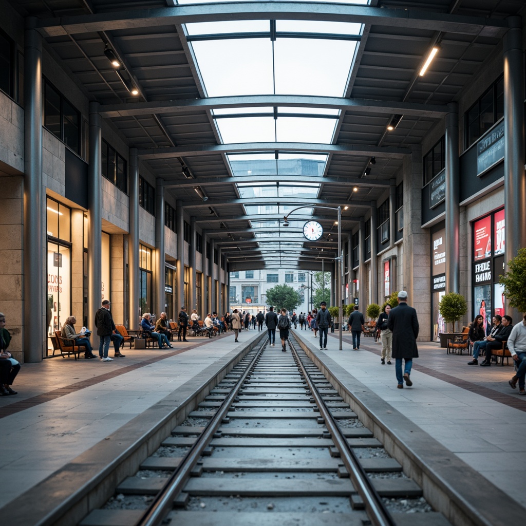 Prompt: Modern tram station, sleek metal columns, glass roof, polished concrete floors, industrial-style lighting fixtures, urban ambiance, morning commute, rush hour atmosphere, busy pedestrian traffic, natural stone walls, wooden benches, stainless steel handrails, vibrant advertisements, electronic information displays, LED signage, metallic accents, smooth curves, minimalist design, bright artificial lighting, shallow depth of field, 1/2 composition, symmetrical framing.