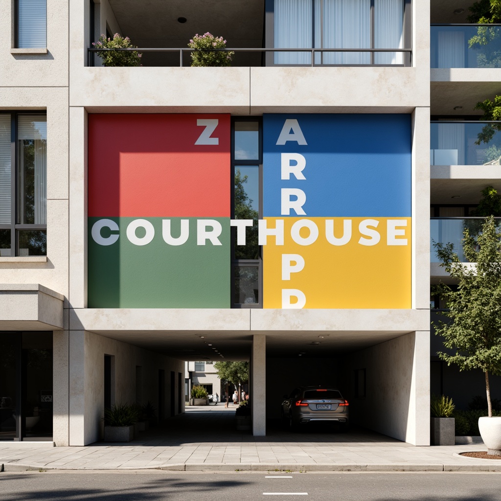 Prompt: Courthouse facade, geometric shapes, primary colors, bold typography, clean lines, rectangular forms, functional simplicity, industrial materials, exposed ductwork, concrete walls, steel beams, minimalist ornamentation, asymmetrical composition, strong vertical emphasis, dramatic shading, high-contrast lighting, 1/1 perspective, realistic render, detailed textures, ambient occlusion.