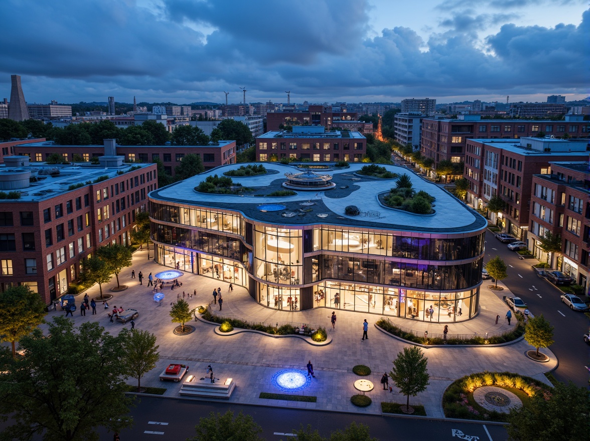 Prompt: Vibrant community center, fusion architecture style, innovative steel structure, curved lines, dynamic shapes, transparent glass fa\u00e7ade, modern urban landscape, bustling streets, diverse cultural activities, lively public spaces, interactive art installations, eclectic street furniture, pedestrian-friendly walkways, green roofs, sustainable energy systems, solar panels, wind turbines, futuristic lighting design, dramatic nighttime illumination, shallow depth of field, 3/4 composition, panoramic view.