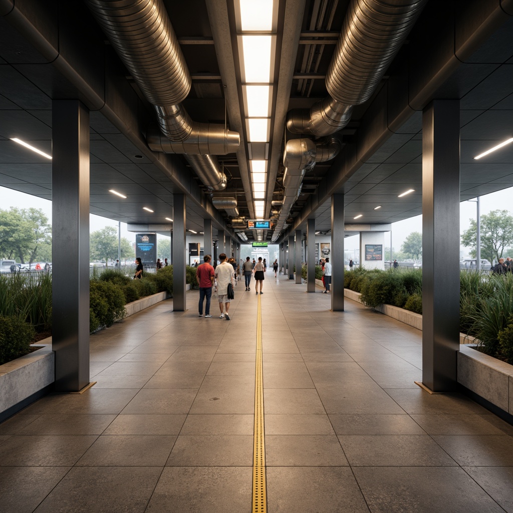 Prompt: Underground metro station, minimalist aesthetic, sleek modern lines, industrial materials, exposed ductwork, polished concrete floors, stainless steel columns, subtle ambient lighting, futuristic signage, digital displays, sparse greenery, urban atmosphere, rush hour crowds, morning commute, warm color tones, shallow depth of field, 1/2 composition, symmetrical framing, realistic textures, atmospheric fog.