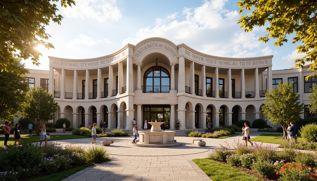 Prompt: Grandiose youth center building, symmetrical fa\u00e7ade, ornate columns, rusticated stonework, curved arches, grand entrance, manicured lawns, trimmed hedges, vibrant flowerbeds, meandering walkways, natural stone pavers, decorative fountains, statues, lanterns, classical urns, tranquil atmosphere, warm sunny day, soft golden lighting, shallow depth of field, 1/1 composition, realistic textures, ambient occlusion.