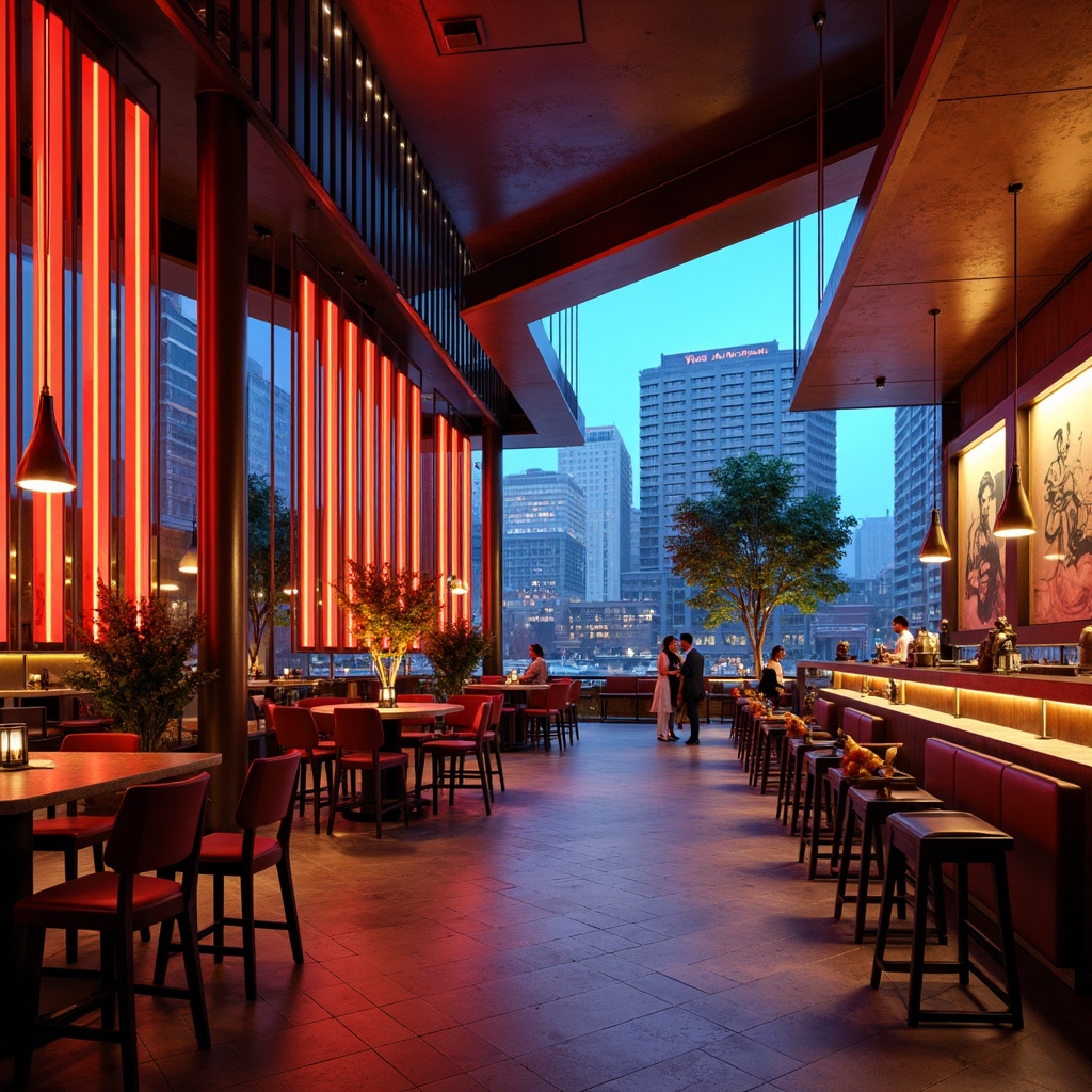 Prompt: Vibrant bar interior, expressionist architecture, abstract forms, bold color palette, neon lights, metallic accents, luxurious lounge seating, polished wooden floors, minimalist decor, avant-garde art pieces, urban cityscape, evening ambiance, warm golden lighting, shallow depth of field, 1/1 composition, cinematic mood, realistic textures, ambient occlusion.