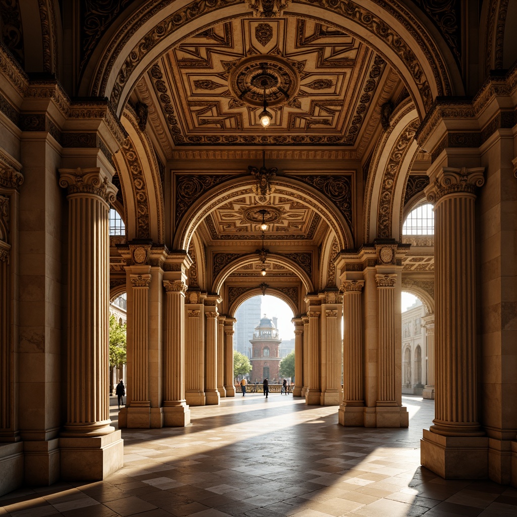 Prompt: Ornate archways, grand entranceways, classical Renaissance style, ornamental carvings, intricate stone details, symmetrical facades, majestic columns, rusticated stonework, elegant keystones, refined moldings, luxurious textiles, regal color palette, warm golden lighting, dramatic shadows, high contrast ratio, 1/2 composition, narrow aperture, selective focus.