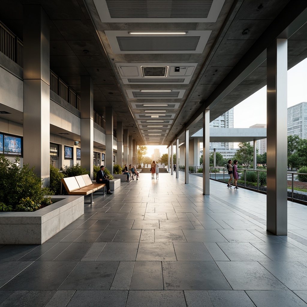 Prompt: Clean metro station interior, minimalist decor, sleek metal columns, polished concrete floors, modern LED lighting, subtle color scheme, geometric tile patterns, functional benches, digital information screens, efficient signage, ample natural light, airy atmosphere, shallow depth of field, 1/1 composition, realistic textures, ambient occlusion, urban feel, industrial accents, sparse vegetation, calm ambiance, soft warm glow.