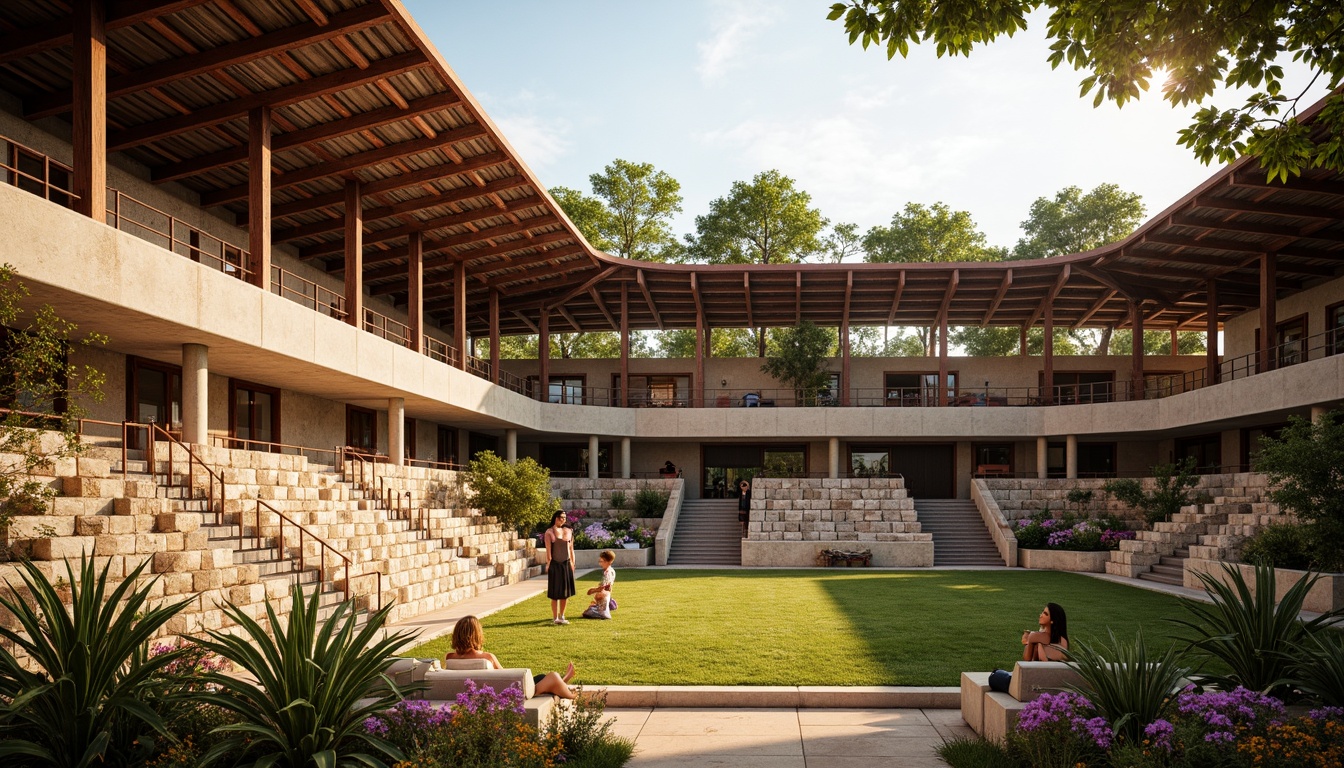 Prompt: Rustic stadium, regional materials, earthy tones, natural stone walls, wooden beams, corrugated metal roofs, vibrant local patterns, colorful textiles, traditional architectural details, curved lines, asymmetrical structures, open-air seating areas, lush greenery, native plants, warm sunny day, soft golden lighting, shallow depth of field, 1/1 composition, realistic textures, ambient occlusion.