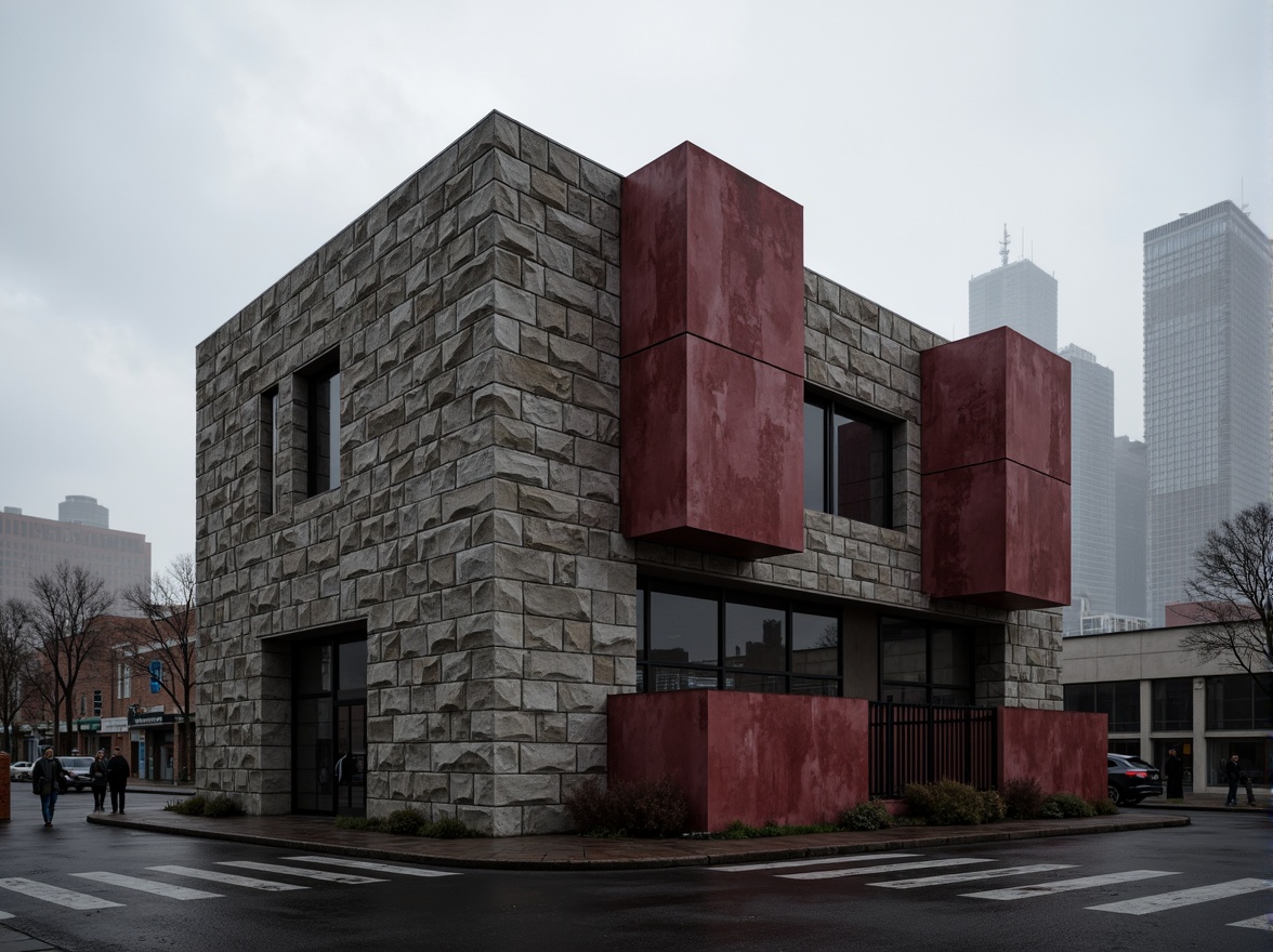 Prompt: Rugged brutalist building, maroon concrete walls, weathered stone textures, industrial metal accents, geometric angular forms, fortress-like structure, urban cityscape background, overcast grey sky, dramatic shadows, high-contrast lighting, cinematic composition, 2/3 rule, moody atmosphere, rough-hewn details, monumental scale, imposing presence, functional minimalism.