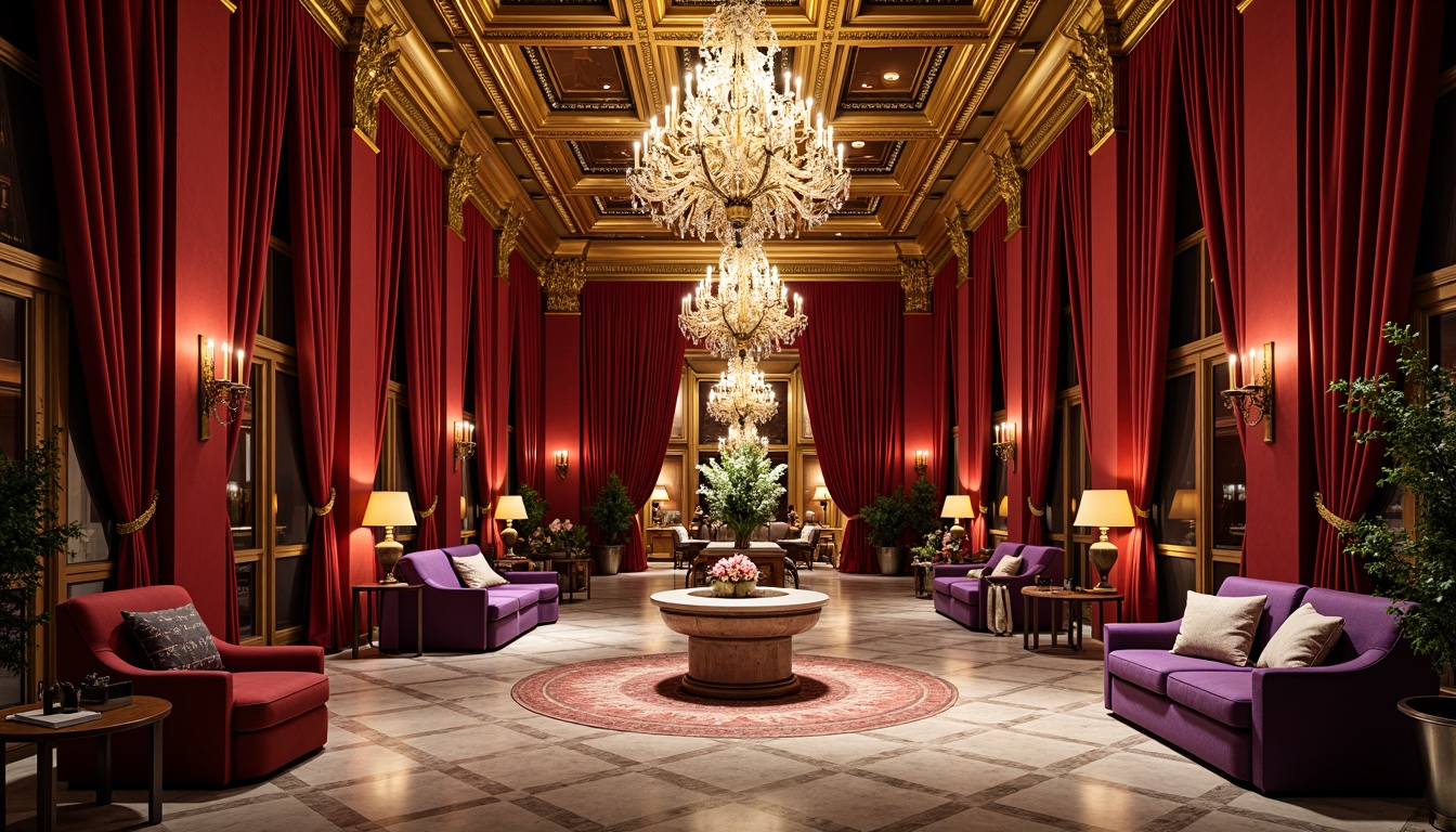 Prompt: Luxurious hotel lobby, ornate chandeliers, rich velvet drapes, golden accents, intricate carvings, lavish furnishings, bold red walls, regal purple upholstery, opulent marble floors, crystal glass fixtures, warm candlelight, soft focus photography, 1/2 composition, dramatic shadows, vibrant colors, high contrast ratio.