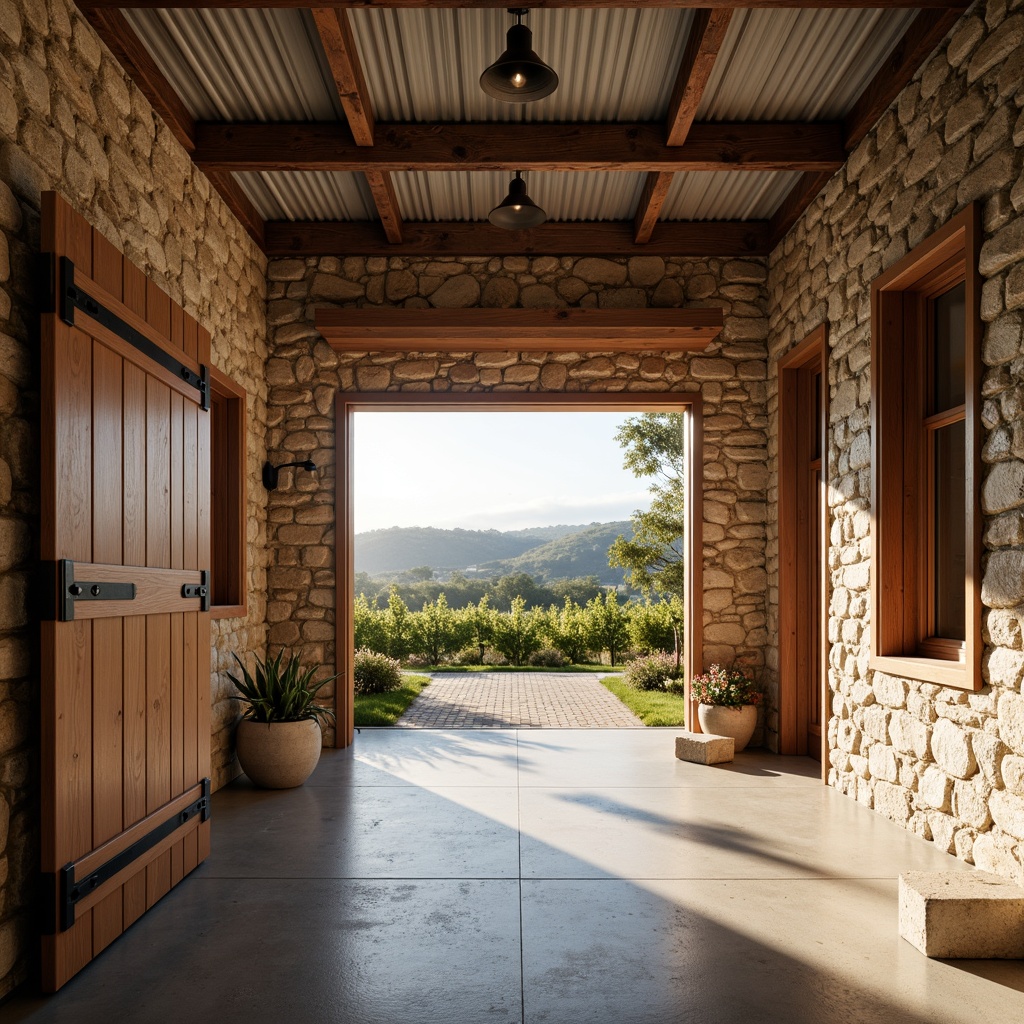 Prompt: Rustic winery, natural stone walls, reclaimed wood accents, corrugated metal roofs, minimalist design, clean lines, simple forms, earthy color palette, weathered wooden doors, industrial-style lighting fixtures, concrete floors, polished steel hardware, vineyard views, rolling hills, sunny afternoon, soft warm lighting, shallow depth of field, 1/2 composition, realistic textures, ambient occlusion.