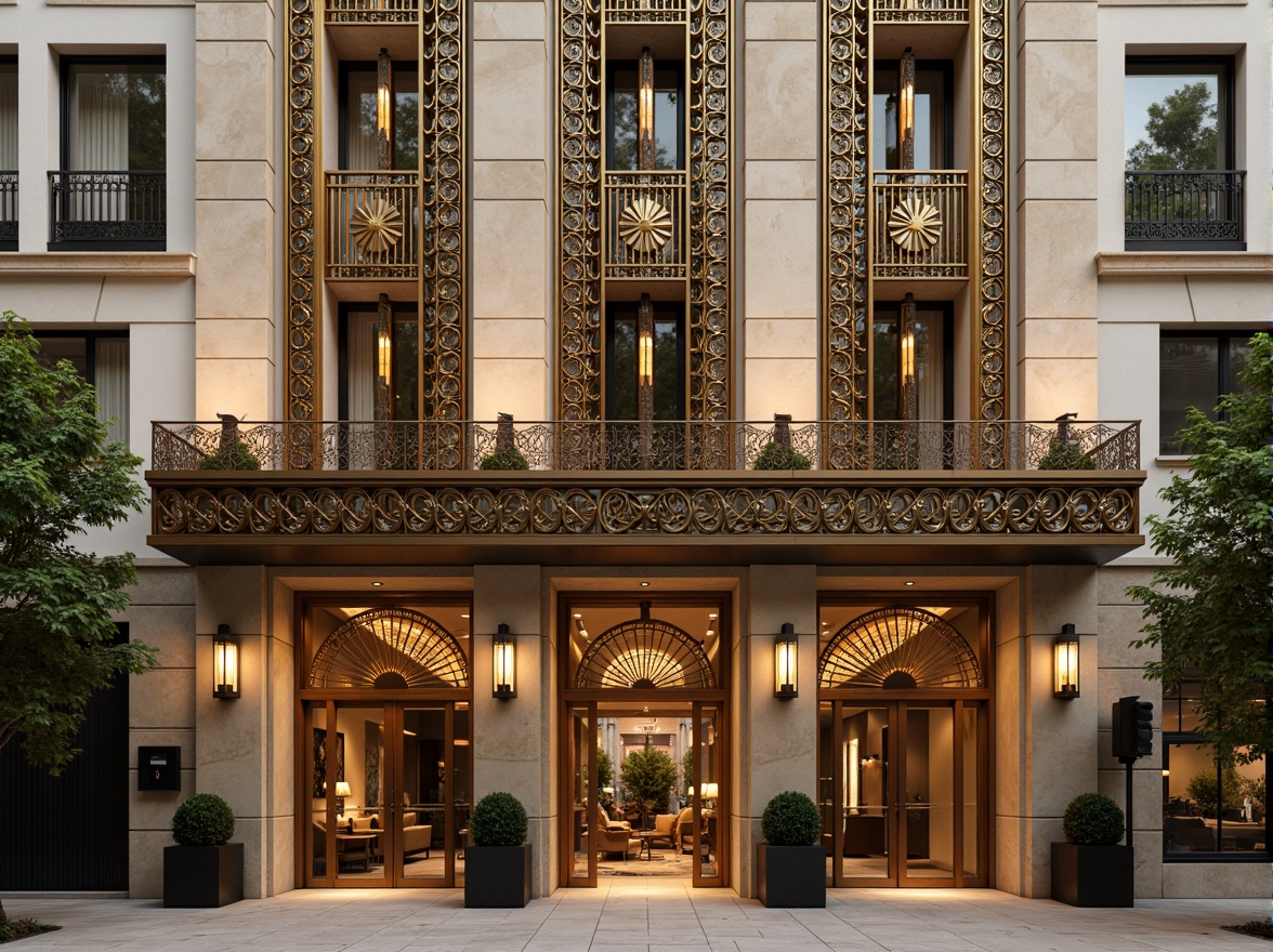 Prompt: Ornate Art Deco facade, geometric metallic details, luxurious golden accents, ornamental ironworks, curved lines, zigzag patterns, chevron motifs, sunburst designs, intricate stonework, marble cladding, grand entranceways, symmetrical composition, vertical emphasis, ornamental lighting fixtures, lavish decorations, opulent materials, warm beige tones, rich wood textures, 1/2 composition, shallow depth of field, dramatic shadows, realistic reflections.