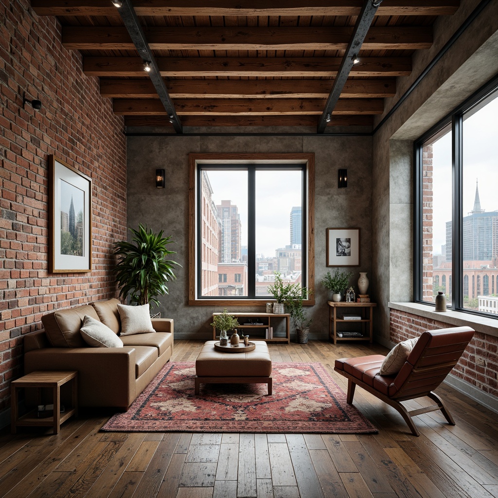 Prompt: Rustic industrial loft, exposed brick walls, metal beams, wooden accents, reclaimed wood floors, vintage decorative elements, earthy color palette, natural stone fa\u00e7ade, oversized windows, steel frames, minimalist ornamentation, urban cityscape, cloudy day, soft diffused lighting, shallow depth of field, 1/1 composition, realistic textures, ambient occlusion.