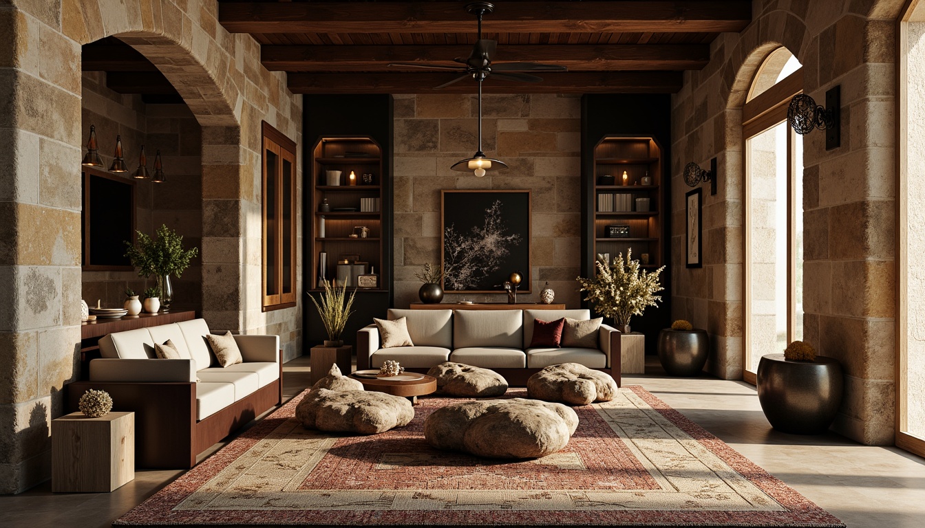 Prompt: Rustic stone walls, smooth wooden accents, velvety soft furnishings, metallic sheen, glassy reflections, rough-hewn boulders, intricately patterned rugs, woven wicker furniture, distressed leather upholstery, polished chrome fixtures, matte black surfaces, iridescent mother-of-pearl inlays, warm golden lighting, shallow depth of field, 1/1 composition, symmetrical framing, dramatic shadows, realistic textures, ambient occlusion.