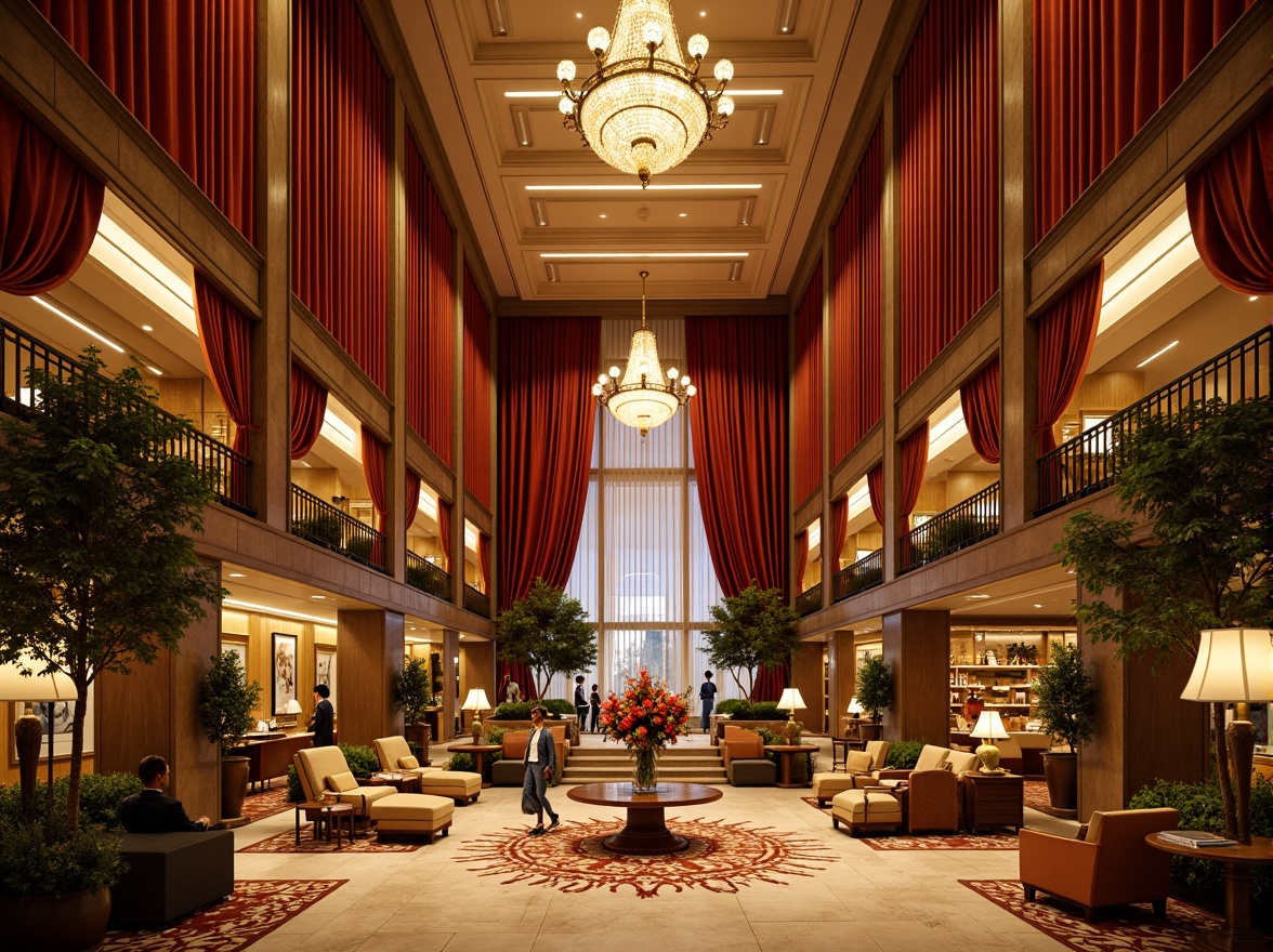 Prompt: Luxurious hotel lobby, ornate chandeliers, rich velvet drapes, intricate marble flooring, gilded moldings, lavish furnishings, opulent textiles, warm golden lighting, dramatic ceiling heights, grand staircases, ornamental mirrors, lavish crystal decorations, sumptuous upholstery, regal color palette, refined wood accents, sophisticated patterns, elegant lines, majestic architectural details, soft warm ambiance, shallow depth of field, 2/3 composition, realistic reflections, ambient occlusion.