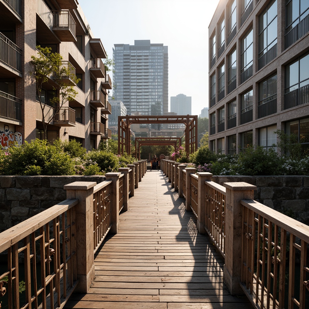 Prompt: Rustic pedestrian bridge, woven rattan railings, wooden planks, rough-hewn stone piers, suspension cables, steel beams, urban landscape, cityscape views, modern architecture, industrial chic, weathered wood textures, distressed metal finishes, vibrant street art, graffiti accents, soft warm lighting, shallow depth of field, 1/2 composition, atmospheric perspective, realistic reflections.