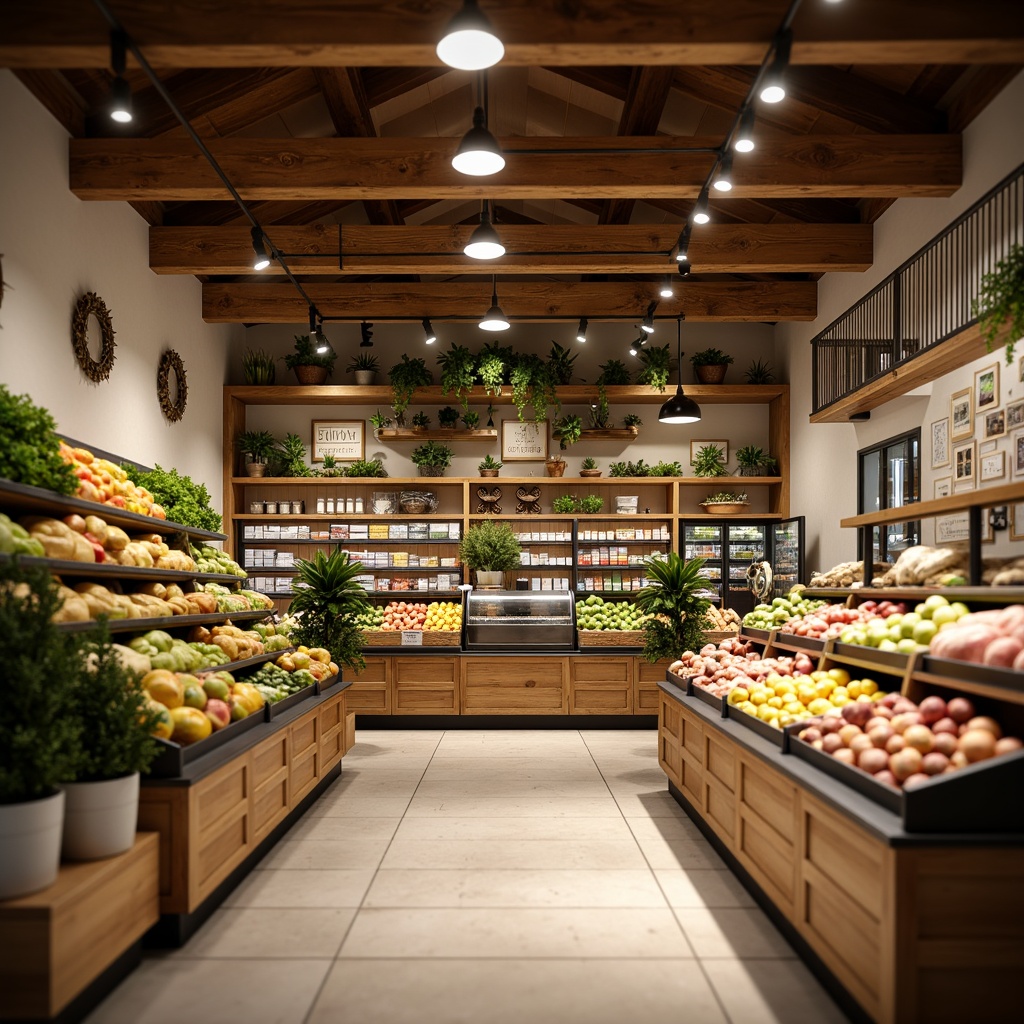 Prompt: Vibrant grocery store, warm earthy tones, natural wood accents, fresh green produce stands, crisp white shelving, rich brown coffee shop, inviting bakery section, colorful fruit displays, rustic metal decorations, soft warm lighting, shallow depth of field, 1/1 composition, realistic textures, ambient occlusion.