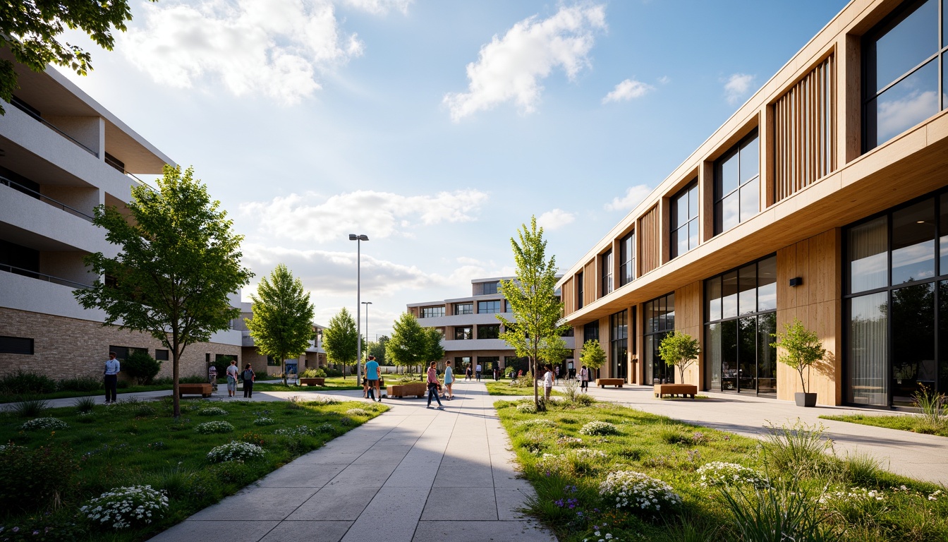 Prompt: Vibrant university campus, fusion architecture, modern buildings, sleek metal facades, glass roofs, natural stone walls, wooden accents, greenery surroundings, blooming flowers, shaded walkways, educational signs, innovative lighting systems, ambient occlusion, realistic textures, 3/4 composition, panoramic view, soft warm lighting, shallow depth of field.