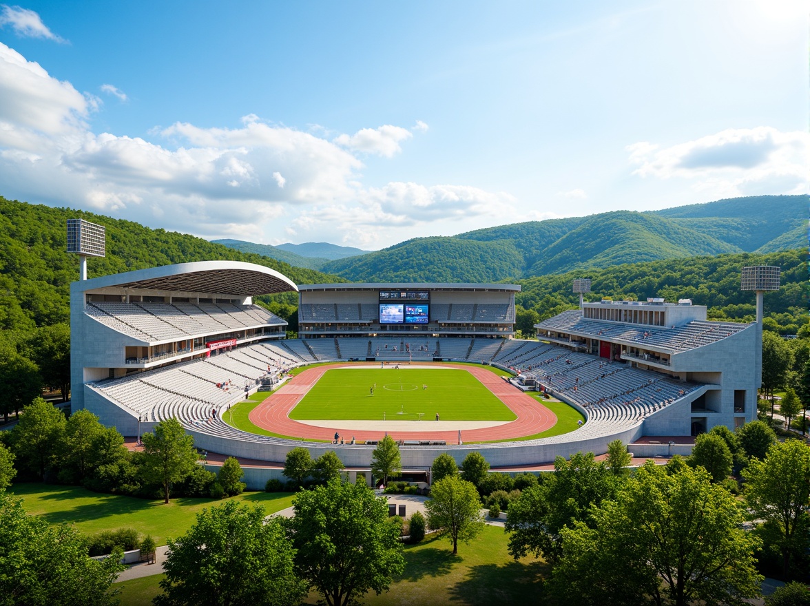 Prompt: Panoramic stadium view, lush green landscape, rolling hills, natural stone fa\u00e7ade, modern architecture, curved lines, vibrant color schemes, dynamic lighting systems, tiered seating areas, sports field, athletic tracks, scoreboard displays, goalposts, floodlights, misting systems, shaded concourses, food and beverage vendors, ambient occlusion, realistic textures, 3/4 composition, warm sunny day, soft focus effect.