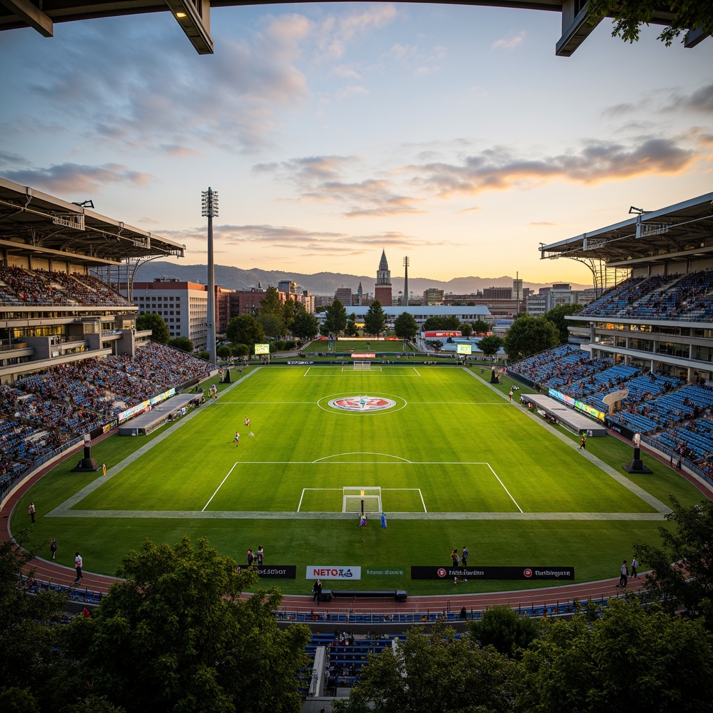 Prompt: Lush green grass, vibrant stadium lights, grandstand seating, football field markings, goalposts, scoreboard displays, athletic tracks, sports equipment storage, modern architecture, sleek metal structures, transparent roofs, cantilevered canopies, natural stone fa\u00e7ades, urban landscape integration, bustling city surroundings, sunset ambiance, warm golden lighting, shallow depth of field, 3/4 composition, panoramic view, realistic textures, ambient occlusion.