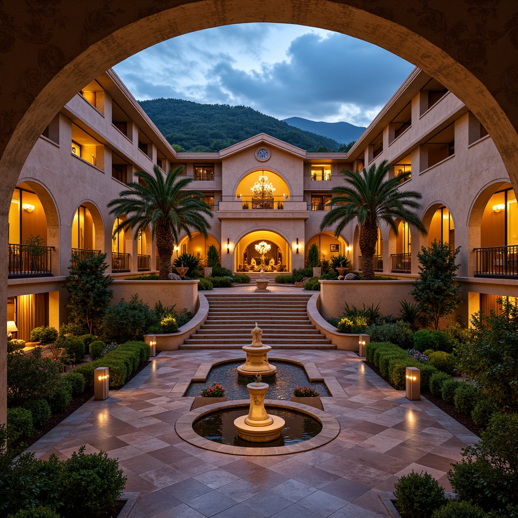 Prompt: Luxurious hotel courtyard, ornate fountains, manicured gardens, statuesque decorations, grand staircase, opulent chandeliers, marble floors, velvet drapes, rich wood paneling, intricate moldings, golden accents, lavish furnishings, warm ambient lighting, soft focus photography, 1/2 composition, symmetrical framing, elegant archways, dramatic skyboxes, majestic mountain ranges, serene lake scenery, rolling hills, lush green forests, misty atmosphere, mystical twilight ambiance.