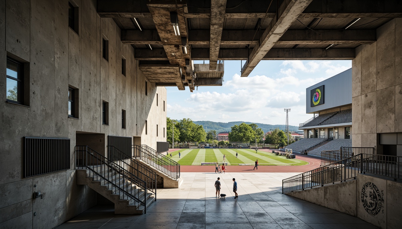 Prompt: Rough concrete walls, exposed ductwork, industrial lighting fixtures, steel beams, minimalist seating areas, functional corridors, raw concrete floors, brutalist architecture, grandstand seating, soccer field views, natural light pouring in, dramatic shadows, high ceilings, urban landscape vistas, modern scoreboard displays, athletic track lanes, rustic metal railings, distressed wood accents, abstract graffiti art, dynamic staircases, cantilevered balconies, 1-point perspective composition, low-key lighting, realistic material textures.