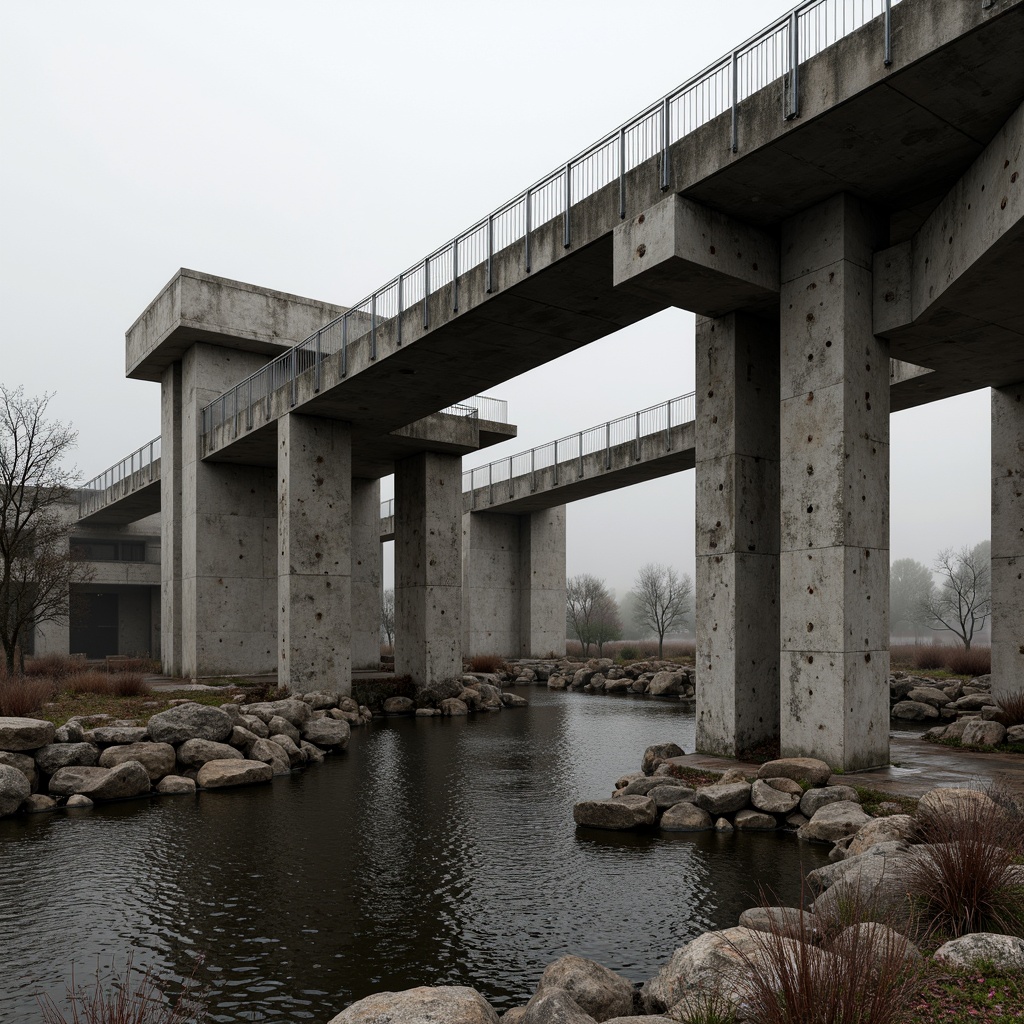 Prompt: Rugged pedestrian bridge, exposed concrete structure, raw unfinished surfaces, brutalist architectural style, industrial metal railings, weathered steel beams, rough-hewn stone piers, cantilevered walkways, dramatic angular forms, bold geometric shapes, muted color palette, overcast sky, diffused natural light, shallow depth of field, 2/3 composition, cinematic framing, gritty textures, ambient occlusion.