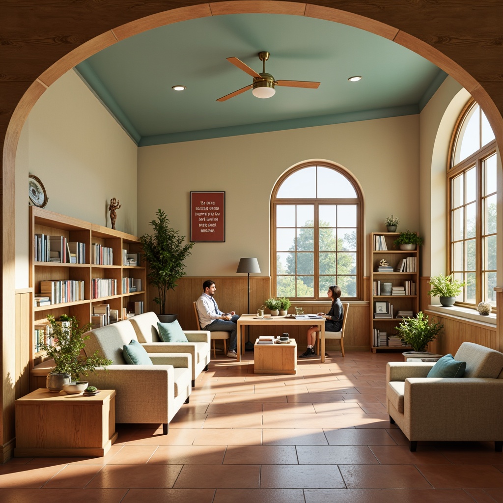 Prompt: Vibrant educational setting, warm beige walls, rich wood accents, calming blue-green hues, soft cream-colored furniture, natural textiles, earthy terracotta floors, ample daylight, diffused overhead lighting, cozy reading nooks, comfortable seating areas, inspirational quotes, engaging visual aids, stimulating artwork, harmonious color balance, 2/3 composition, gentle shadows, subtle gradations.