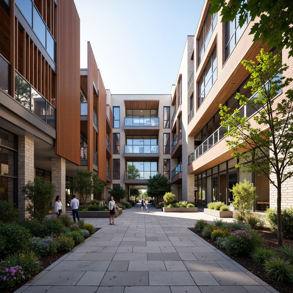 Prompt: Vibrant campus courtyard, fusion of modern and traditional architecture, rusticated stone walls, sleek metal accents, warm wooden tones, large glass windows, cantilevered roofs, intricate brick patterns, lush greenery, blooming flowers, natural stone walkways, educational signs, comfortable seating areas, ambient lighting, shallow depth of field, 3/4 composition, panoramic view, realistic textures, ambient occlusion.