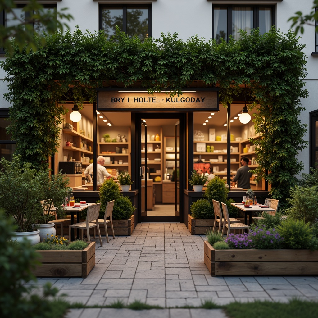 Prompt: Whimsical grocery store exterior, lush greenery walls, flowering vines, rustic wooden accents, charming outdoor seating areas, lantern-style lighting, warm golden illumination, cozy pathways, natural stone flooring, distressed wood crates, vintage-inspired signage, soft focus, shallow depth of field, 1/1 composition, intimate atmosphere, blooming flowers, relaxed ambiance.