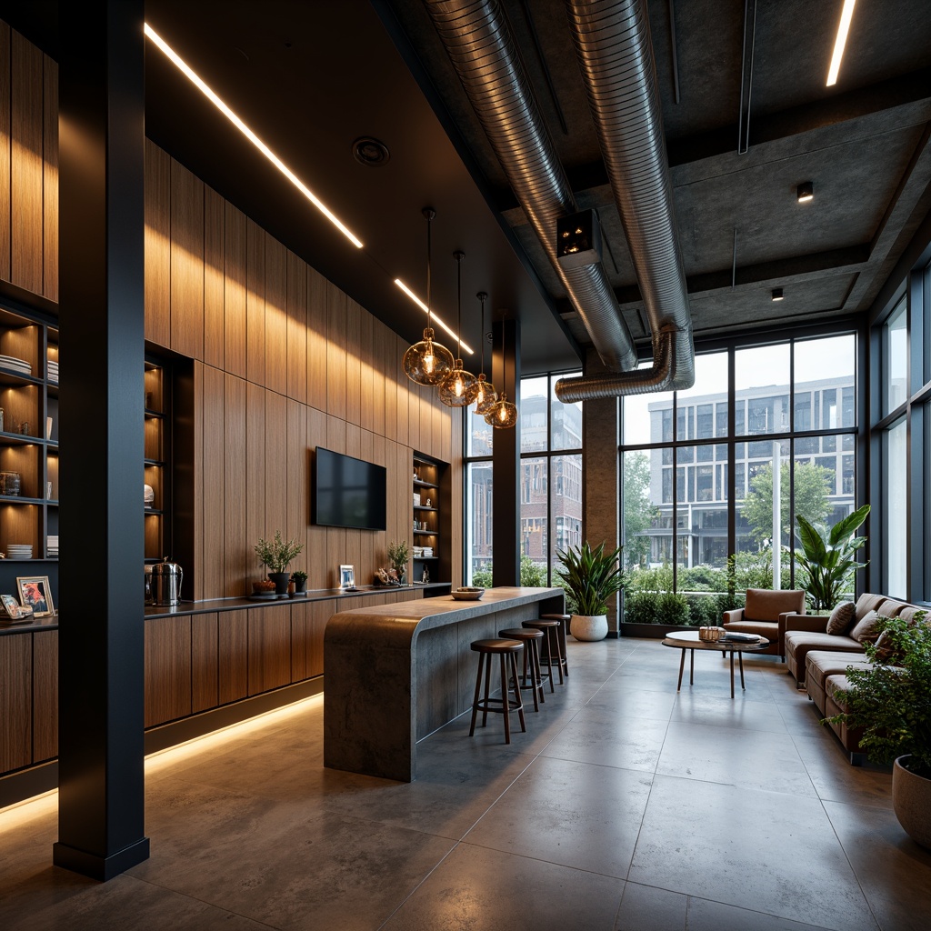 Prompt: Modern interior space, sleek lines, minimal ornamentation, LED strip lights, pendant lamps, floor-to-ceiling windows, natural ambient light, soft warm glow, cozy atmosphere, textured walls, polished concrete floors, industrial chic aesthetic, exposed ductwork, metallic accents, geometric patterns, urban loft ambiance, dramatic shadows, high-contrast lighting, 1/2 composition, cinematic mood, realistic reflections.