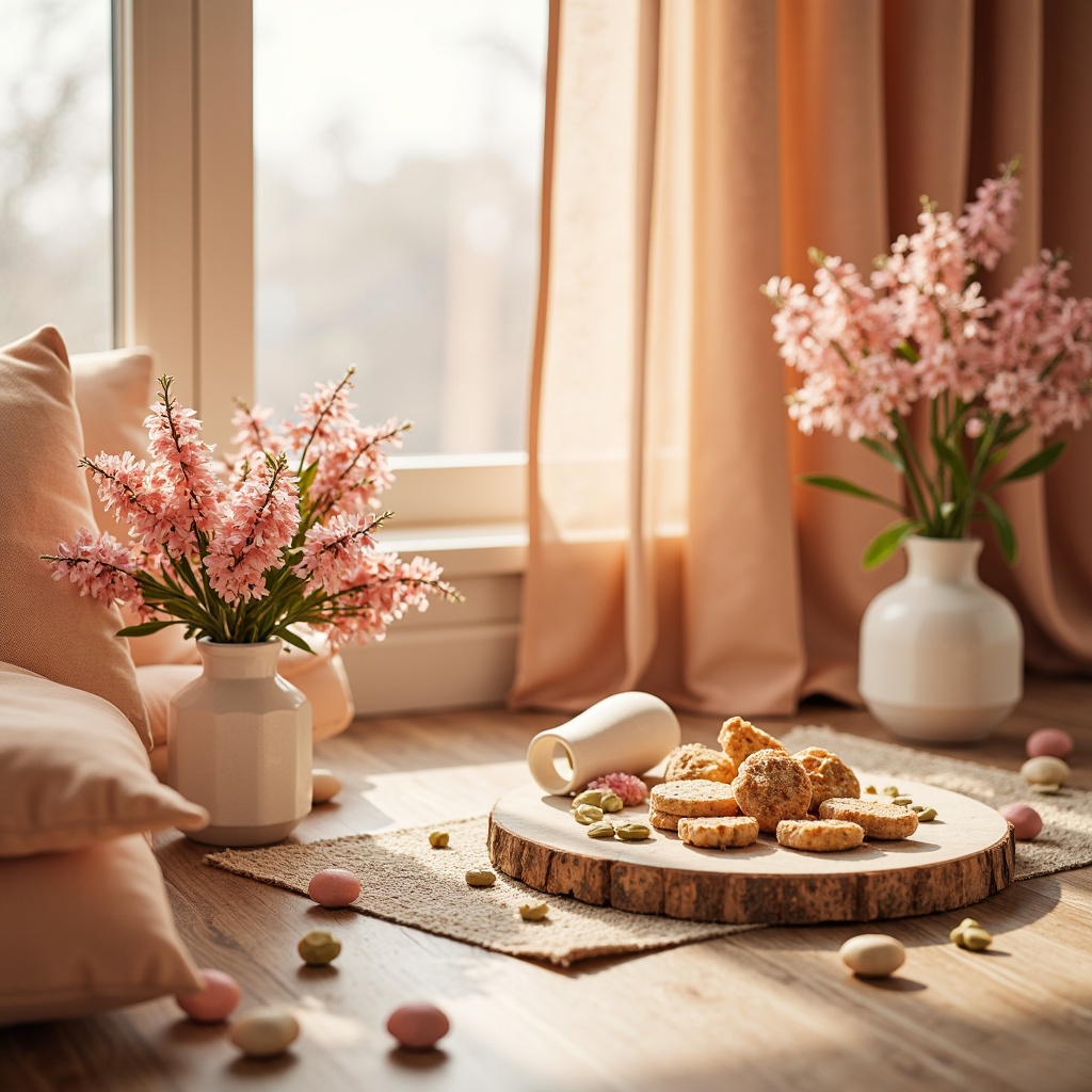 Prompt: Vibrant pastel hues, soft peach tones, creamy whites, rich wood accents, natural linen textures, earthy terracotta shades, warm golden lighting, shallow depth of field, 1/1 composition, realistic renderings, ambient occlusion, serene atmosphere, blooming florals, delicate patterns, subtle gradients.