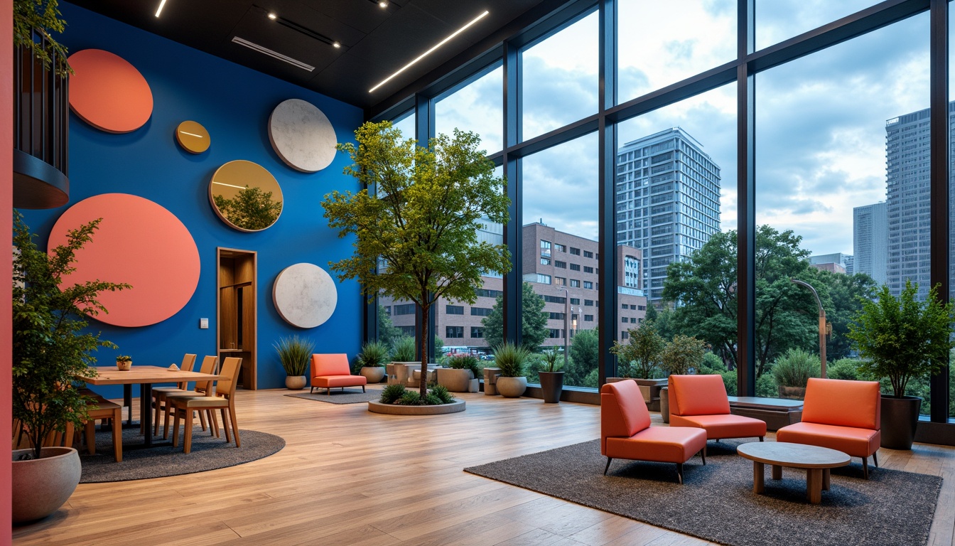 Prompt: Vibrant office building, bold blue accents, sleek glass fa\u00e7ade, modern minimalist interior, wooden flooring, ergonomic furniture, lush greenery, natural light pouring in, warm neutral tones, pops of bright coral, geometric patterns, metallic details, LED lighting, urban cityscape, cloudy day, shallow depth of field, 1/1 composition, realistic textures, ambient occlusion.