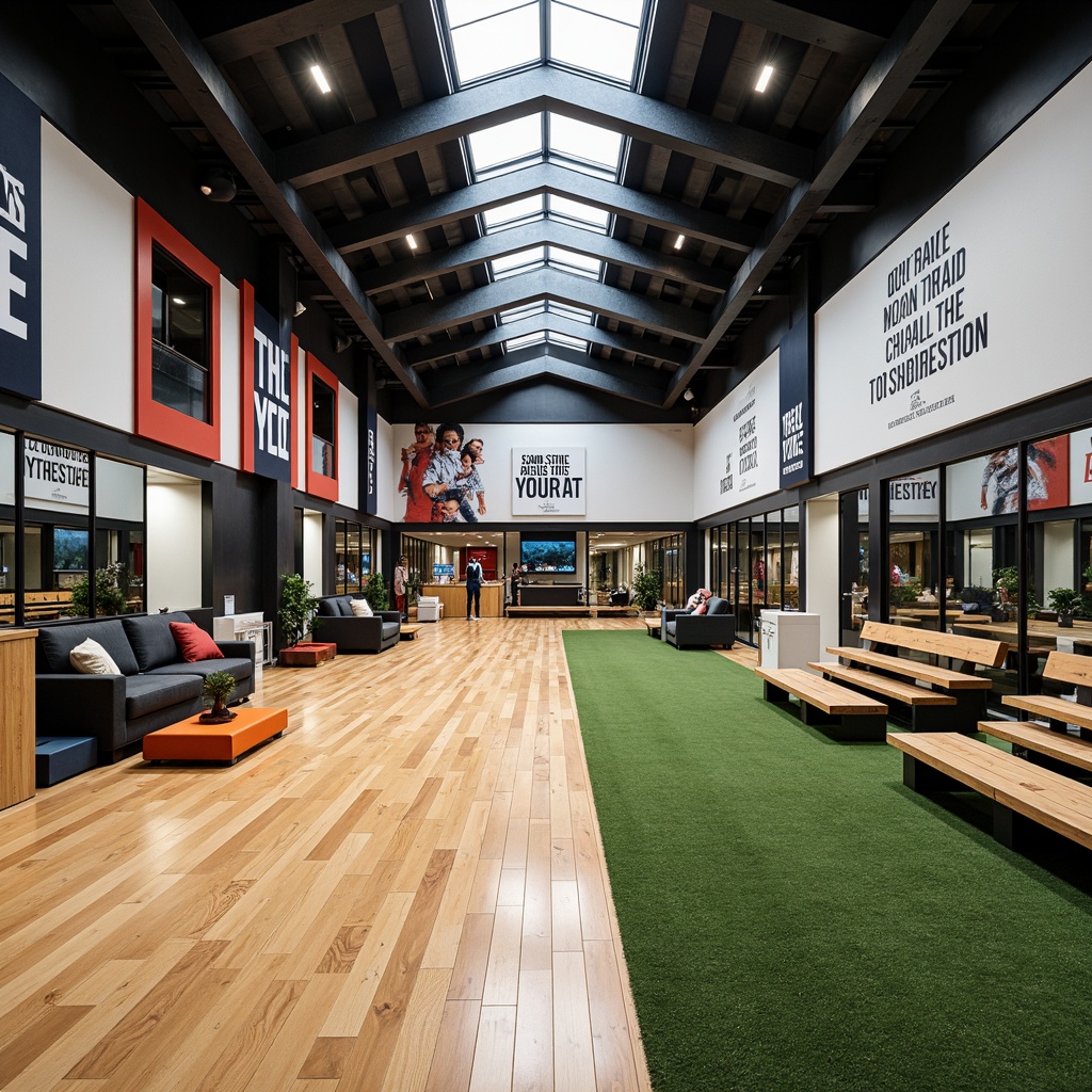 Prompt: Adaptable gym interior, open-plan spaces, modular furniture, movable partitions, retractable bleachers, suspension training equipment, mirrored walls, polished wooden floors, high ceilings, natural light, clerestory windows, artificial turf, sports-themed murals, motivational quotes, dynamic color scheme, energizing atmosphere, shallow depth of field, 1/1 composition, wide-angle lens, softbox lighting, realistic textures, ambient occlusion.