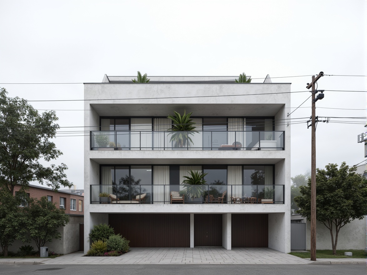 Prompt: Minimalist facade, clean lines, monochromatic color scheme, flat roofs, large windows, sliding glass doors, simple balcony railings, industrial metal accents, concrete walls, subtle texture variations, soft natural light, shallow depth of field, 1/1 composition, realistic materials, ambient occlusion, urban cityscape, morning fog, calm atmosphere.