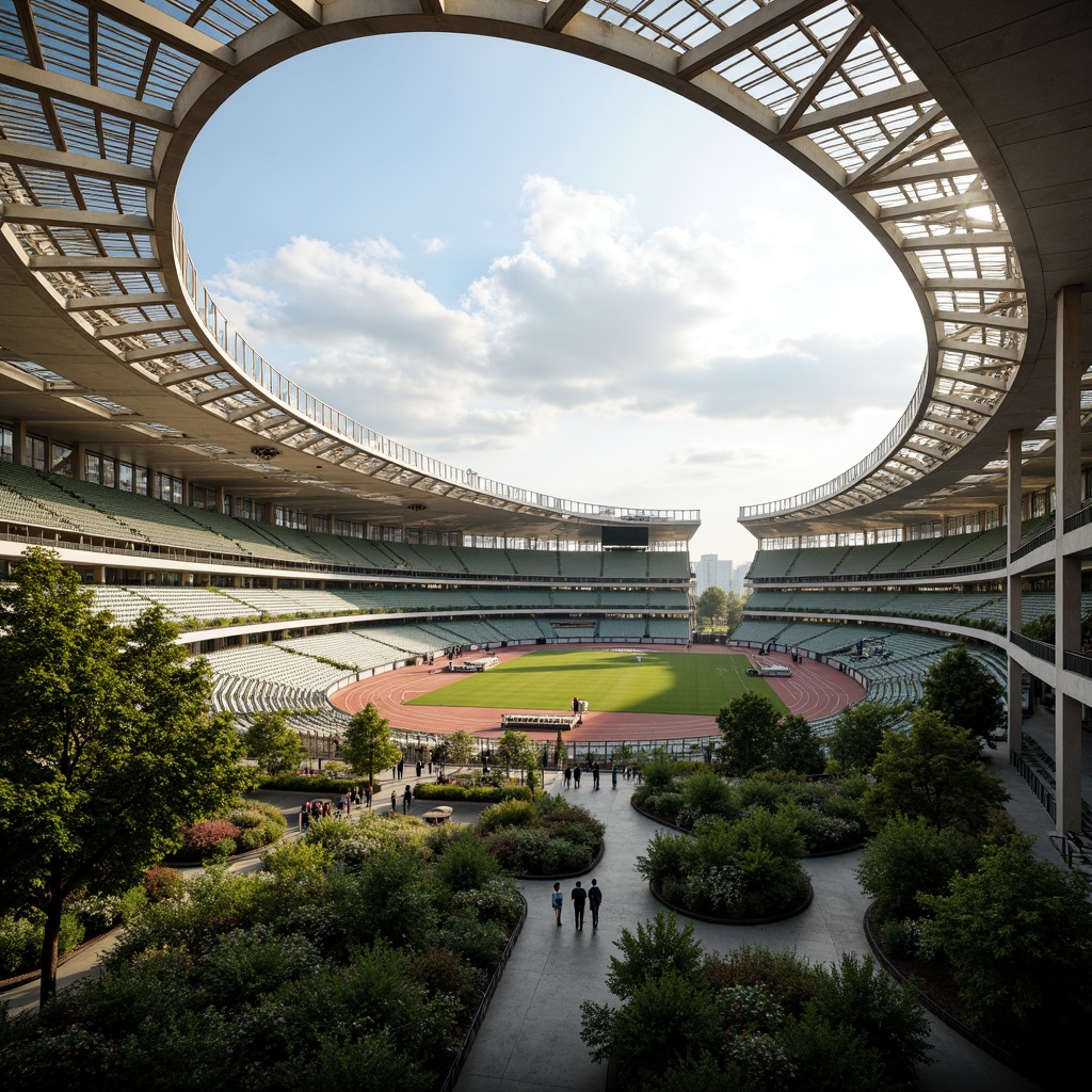 Prompt: Olympic stadium, curved rooflines, clerestory windows, natural ventilation systems, large overhangs, cantilevered seating areas, open-air concourses, sunken gardens, lush green roofs, vertical louvers, wind towers, evaporative cooling systems, misting nozzles, solar shading devices, high-performance glazing, reflective surfaces, dynamic fa\u00e7ade systems, parametric architecture, 3D modeling software, dramatic lighting effects, warm afternoon sunlight, shallow depth of field, panoramic view.