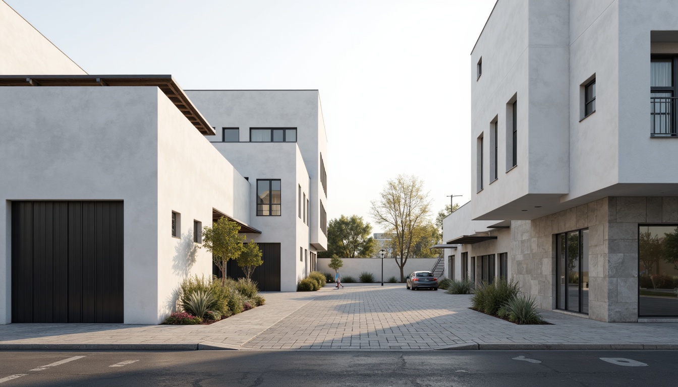 Prompt: Simple white facade, clean lines, minimal ornamentation, rectangular forms, flat roofs, large windows, sliding glass doors, industrial materials, concrete walls, steel frames, subtle textures, natural light, soft shadows, 1/1 composition, low-angle shot, atmospheric perspective, desaturated colors, matte finishes, urban context, busy streets, modern cityscape, morning sunlight, gentle warmth.