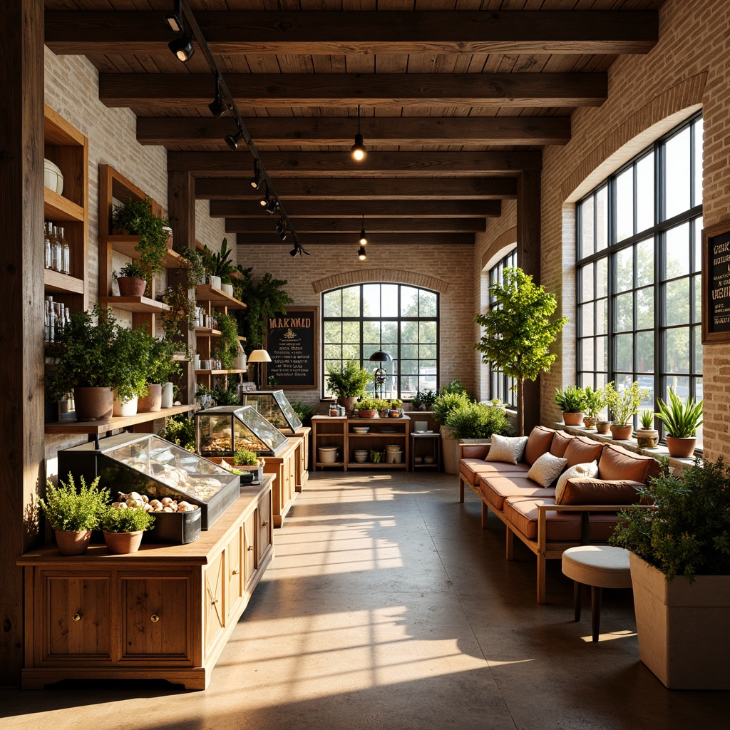 Prompt: Cozy grocery store interior, warm wooden shelves, vintage decorative accents, soft warm lighting, distressed brick walls, rustic wooden flooring, charming chalkboard signs, elegant glass display cases, ornate metal racks, lush greenery, fresh flower arrangements, comfortable seating areas, intimate aisle layouts, abundant natural light, creamy color palette, rich textures, 3/4 composition, shallow depth of field, realistic rendering.