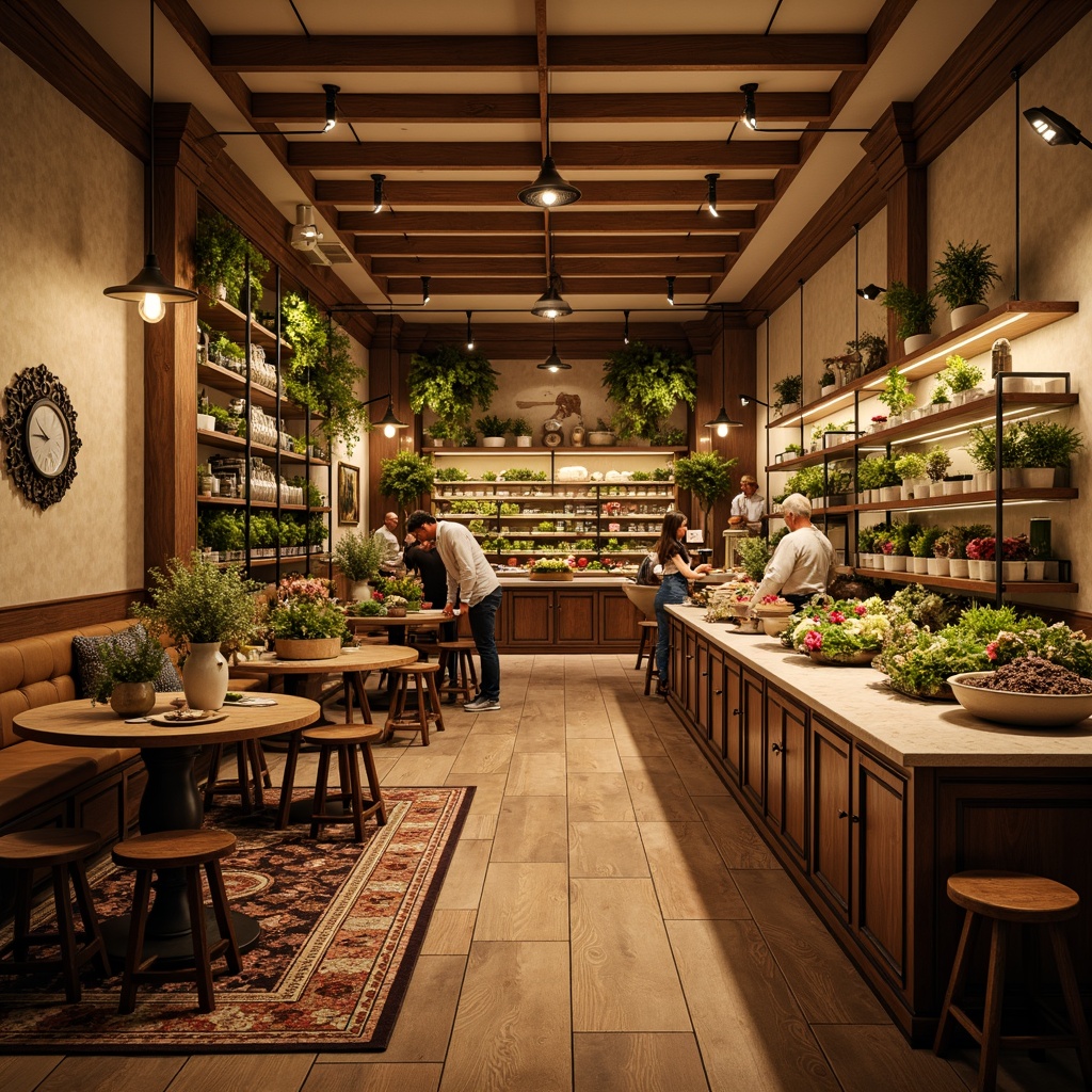 Prompt: Cozy grocery store interior, warm beige walls, rustic wooden shelves, vintage decorative accents, soft warm lighting, romantic ambiance, intimate seating areas, distressed wood flooring, elegant chandeliers, ornate metal racks, luscious greenery, fresh flower arrangements, earthy color palette, natural stone countertops, farmhouse-style decor, plush area rugs, inviting atmosphere, 1/1 composition, shallow depth of field, soft focus effect.